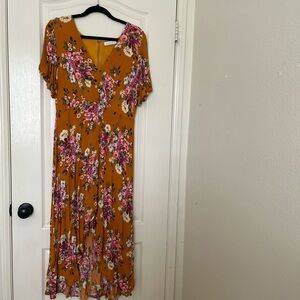 Elegant Floral Midi Dress in Mustard